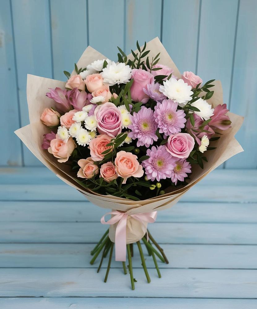Букет цветов из: Хризантемы, Розы и Альстромерии в Октябрьском Республики Крым