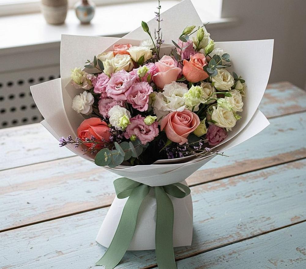 Букет цветов из: Розы, Лизиантусы и Гвоздики в Октябрьском Республики Крым