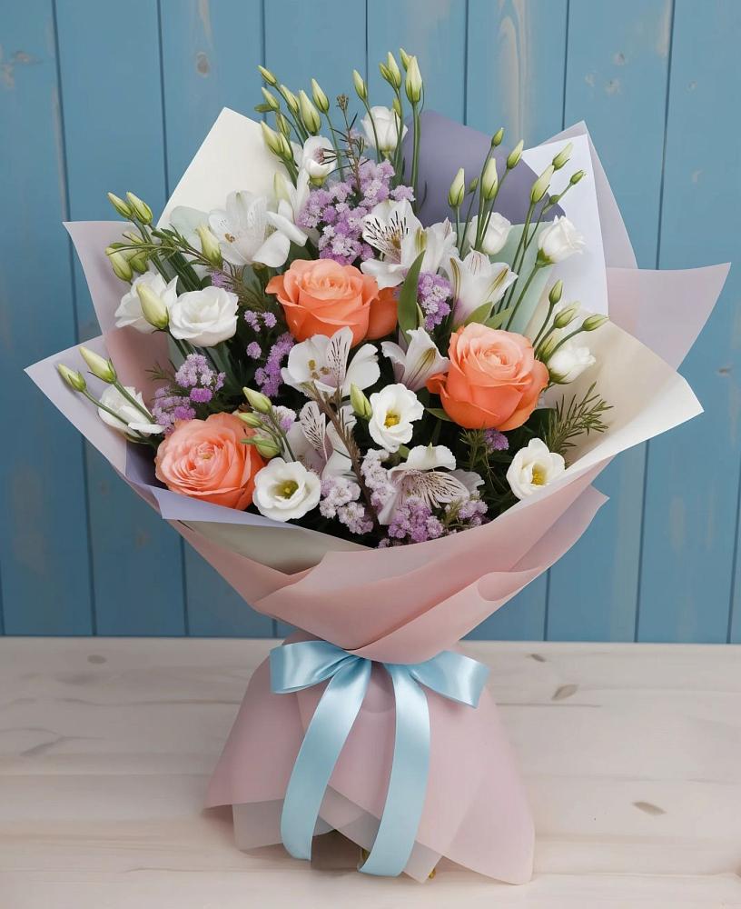 Букет цветов из: Лизиантусы, Розы, Альстромерии и Гипсофила в Октябрьском Республики Крым