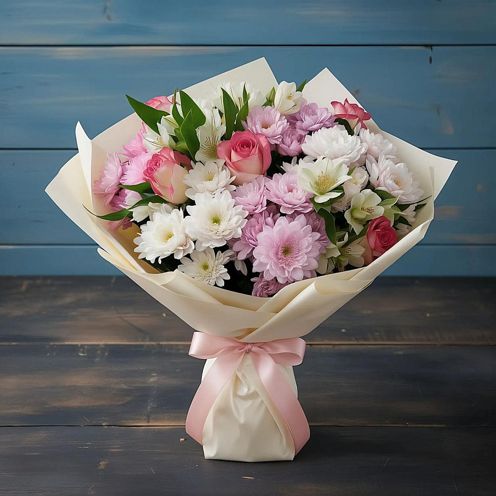 Букет цветов из: Хризантемы, Альстромерии и Розы в Октябрьском Республики Крым